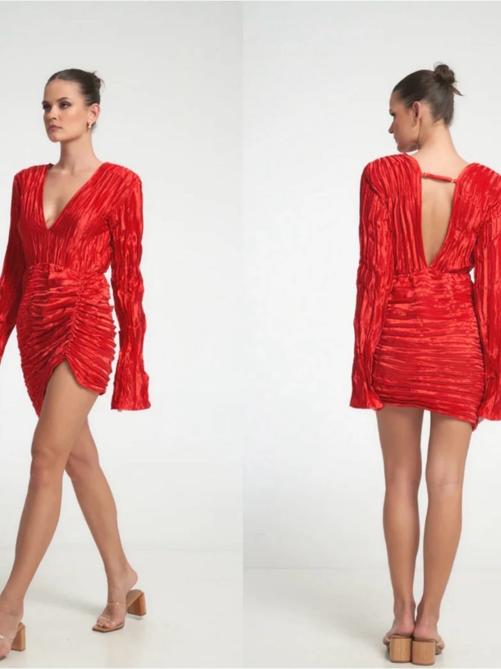 L’idee Costess Sleeved Mini Dress Plunging V-Neck Red Ruched Mini Dress